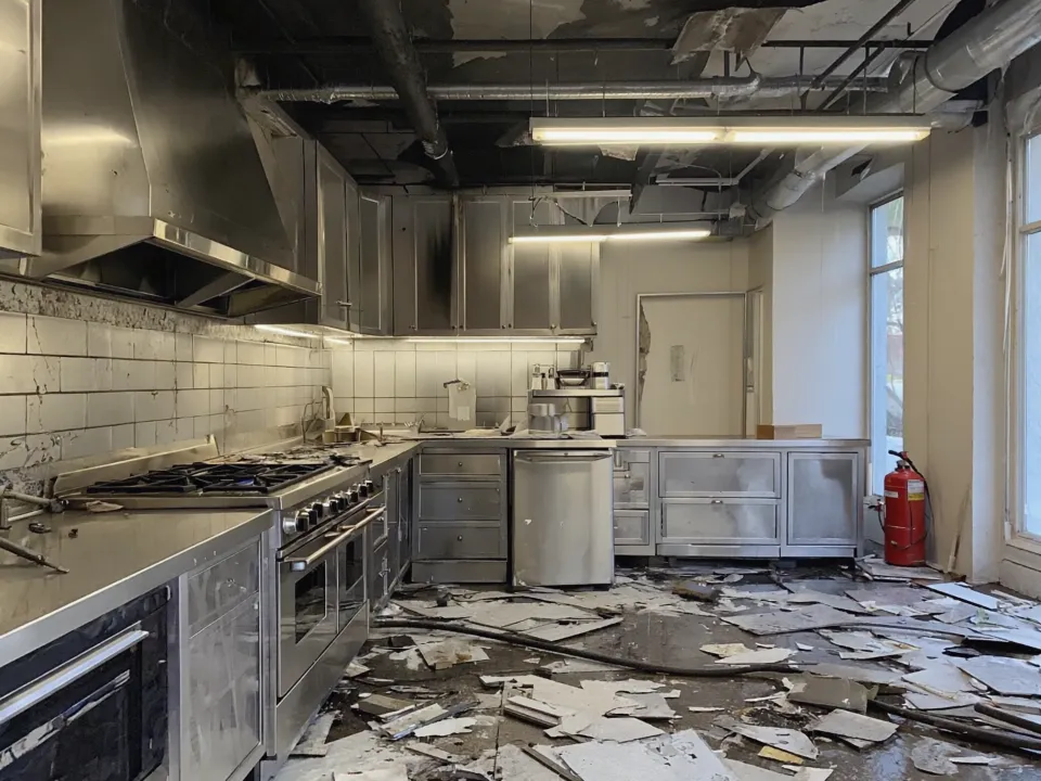 Kitchen in a commercial building damaged by a kitchen fire