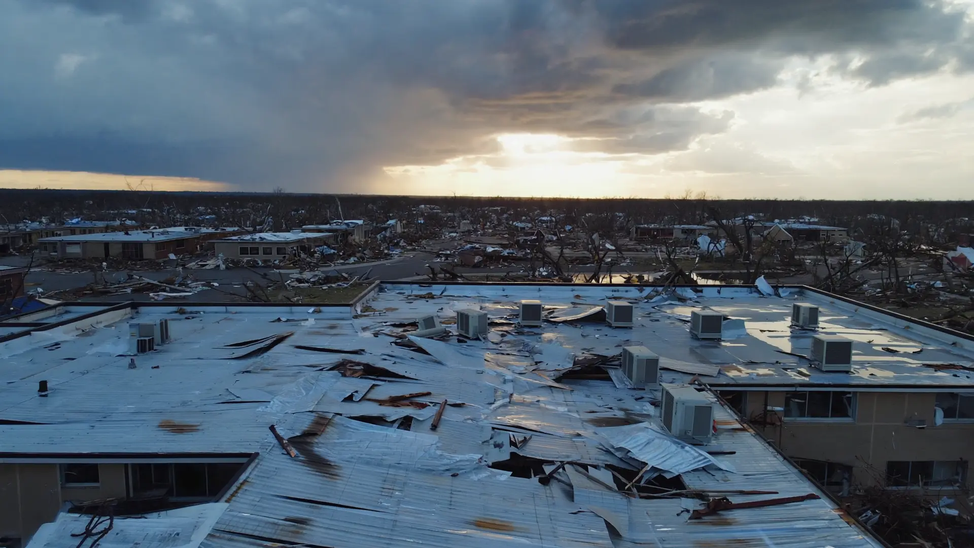 roof of a commercial building damaged after a heavy storm