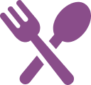Purple icon of crossed fork and spoon.