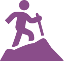 Purple icon of a person hiking uphill with a walking stick.