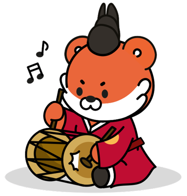 Cartoon bear dressed in traditional red Korean clothing playing a small drum and cymbals with musical notes nearby.