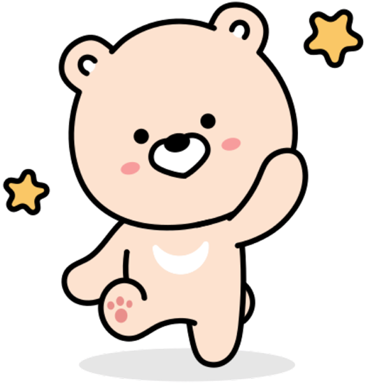 Cute cartoon bear standing on one leg with raised paw and two yellow stars around it.