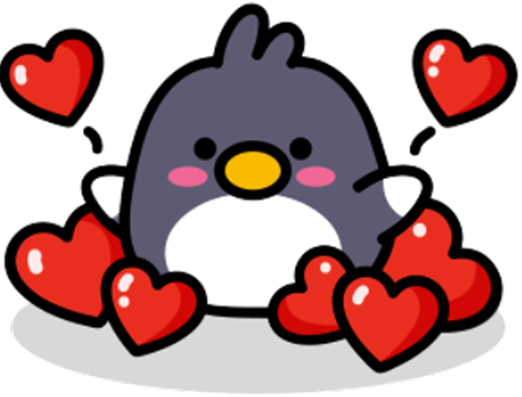 Cute cartoon penguin with pink cheeks surrounded by floating red hearts.