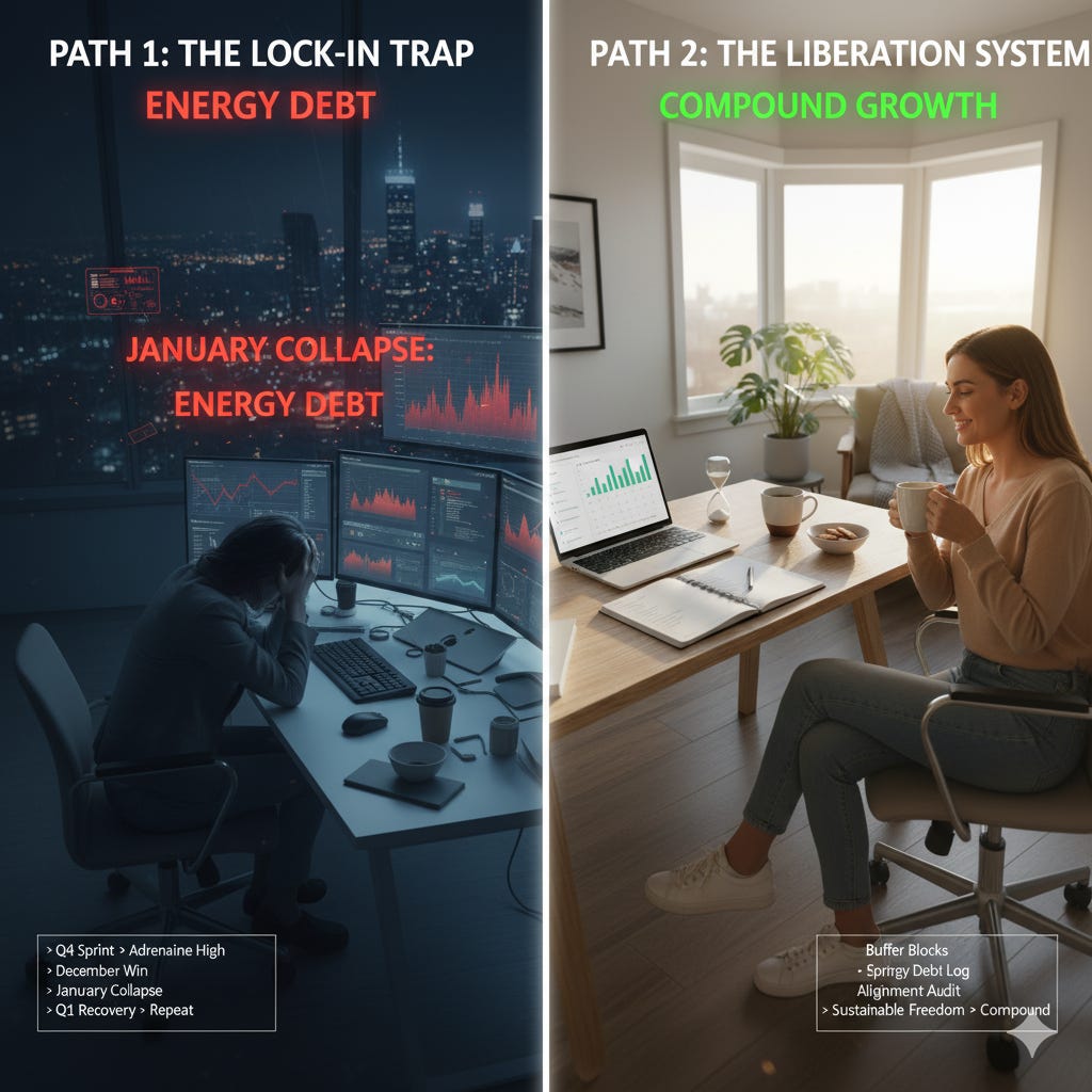 PATH 1: The Lock-In Trap  Q4 Sprint → Adrenaline High → December “Win” → January Collapse → Q1 Recovery → Repeat    PATH 2: The Liberation System  Buffer Blocks → Sprint Cycles → Energy Debt Log → Alignment Audit → Sustainable Freedom → Compound