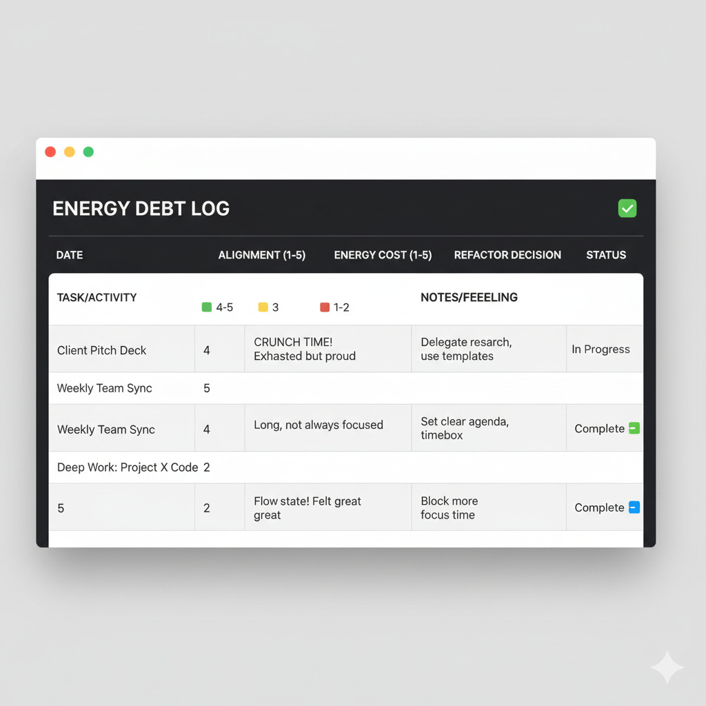 Energy Debt Tracker template showing 3 logged entries with alignment scores, energy costs, and refactor decisions