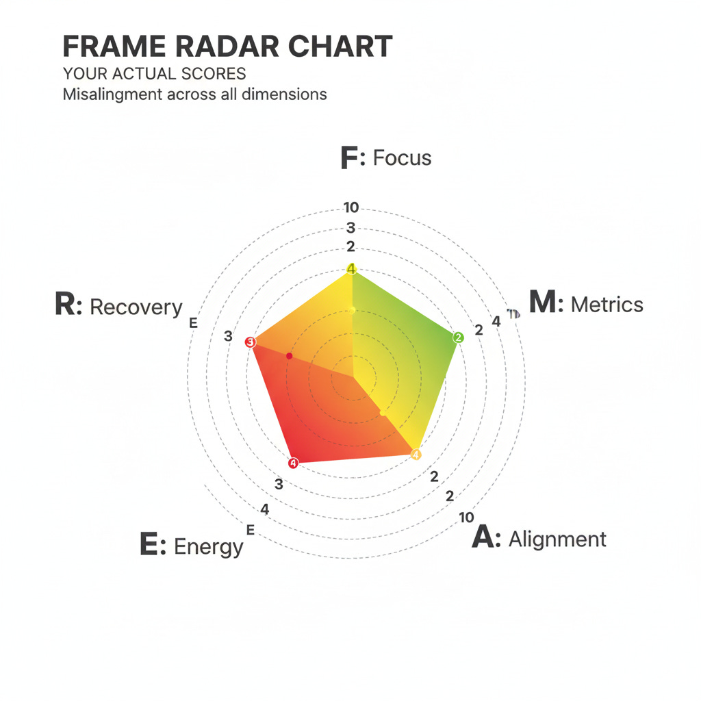 FRAME alignment diagnostic radar chart showing severe misalignment. Five dimensions scored on 10-point scale: Fuel & Friction (3/10), Role Resonance (2/10), Agency (2/10), Meaning (4/10), Energy Trajectory (3/10). Pentagon shape is heavily distorted toward center, visually demonstrating career misalignment across all factors. Color gradient from red (low scores) to green (high scores) emphasizes the problem areas.