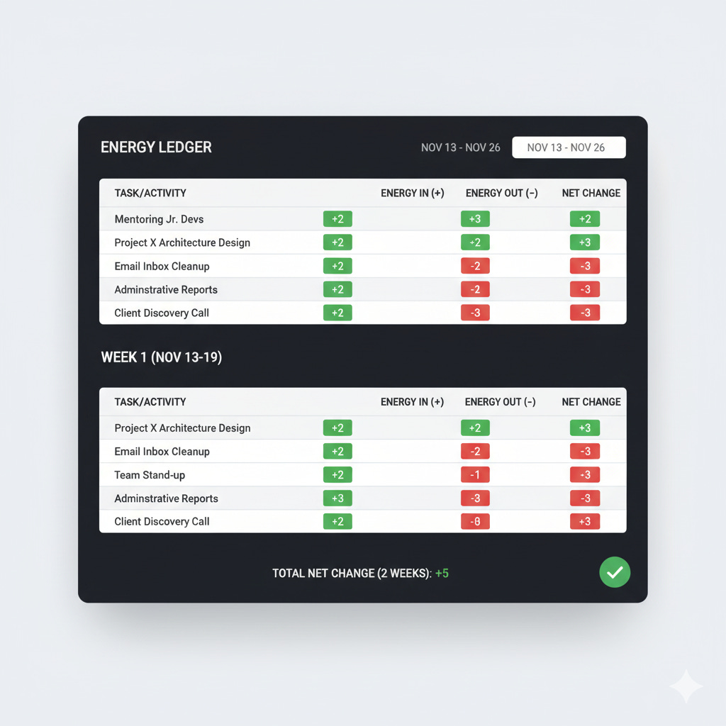 Energy Ledger spreadsheet tracking 14 days of work activities with energy scores. Table shows activity type, duration, before/after energy ratings (1-10 scale), and net change. Color-coded rows: green highlights positive energy activities like mentoring (+3) and architecture reviews (+2.5), red highlights draining activities like budget meetings (-3) and admin work (-2.8). Clear pattern emerges showing which work types fuel vs drain energy over time.