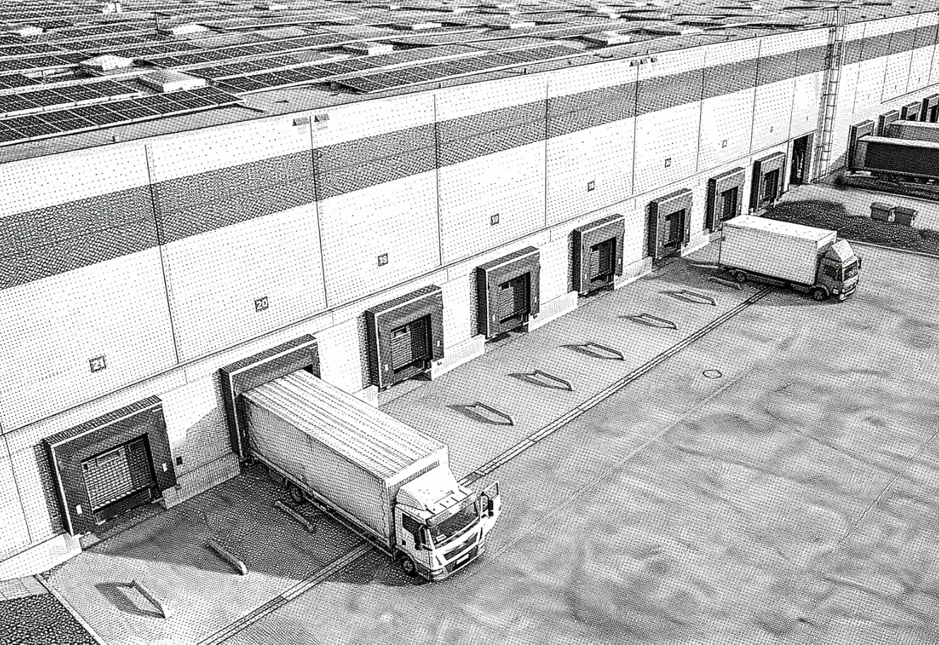 A black and white photo of a building with trucks parked in front of it.