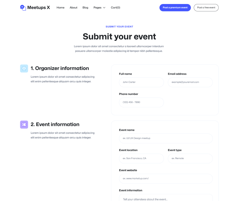 Meetups X - Submit A Free Event Main Page - Event Directory Webflow Template