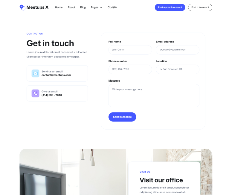 Meetups X - Contact Main Page - Event Directory Webflow Template