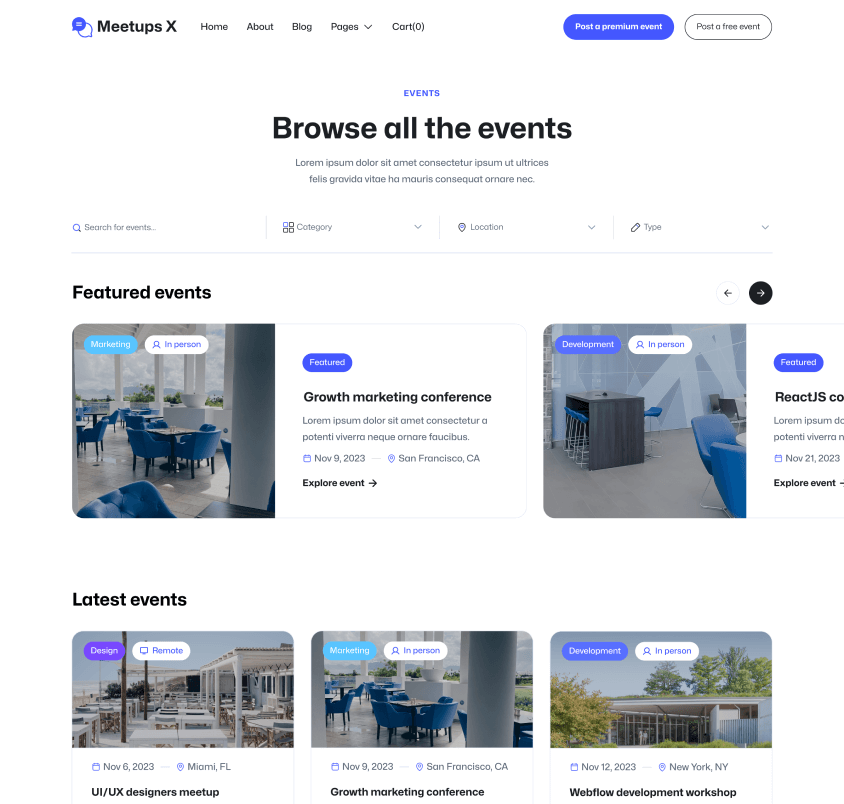 Meetups X - Events Page - Event Directory Webflow Template