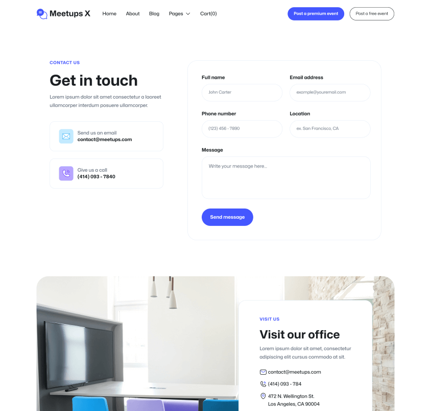 Meetups X - Contact Page - Event Directory Webflow Template
