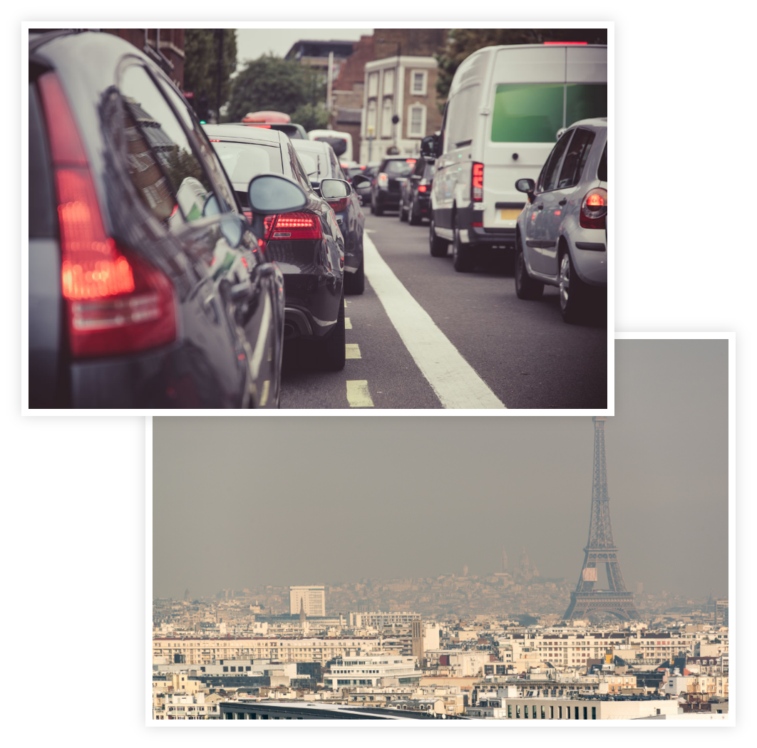 Photos of trafic jam and polluted sky in paris