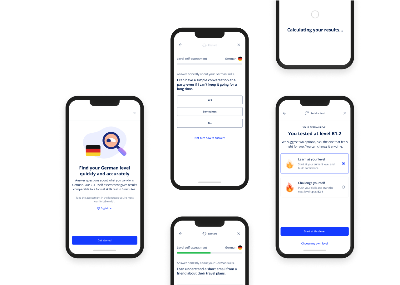 UI mobile screenshots for a language placement test