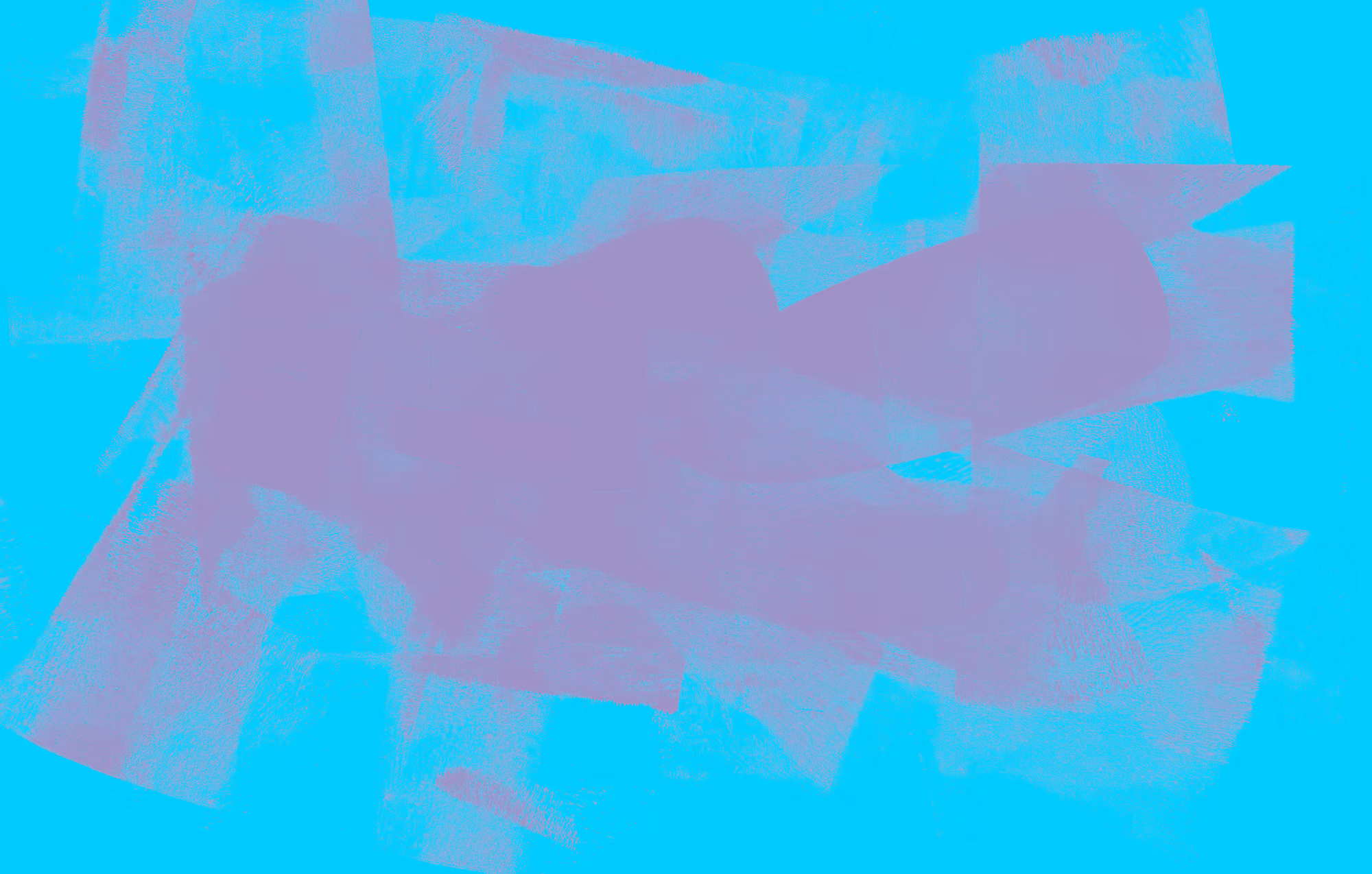 Abstract composition of overlapping irregular purple brush strokes on a bright cyan background.