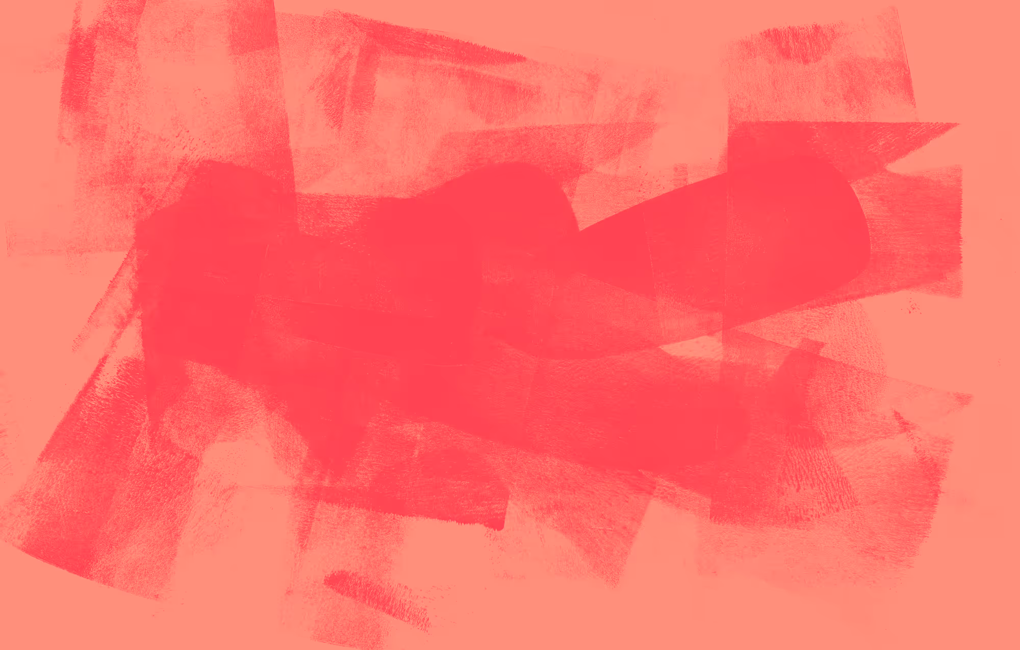 Abstract painting with layered, translucent red and coral brush strokes creating a textured pattern.