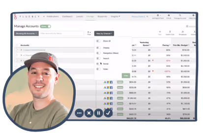 Man wearing a baseball cap smiling, overlaid on a financial dashboard with account management data and metrics.