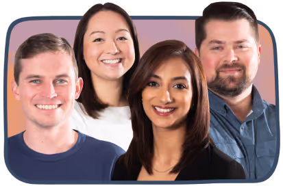 Portrait of four diverse smiling adults, two men and two women, posing against a blurred background.