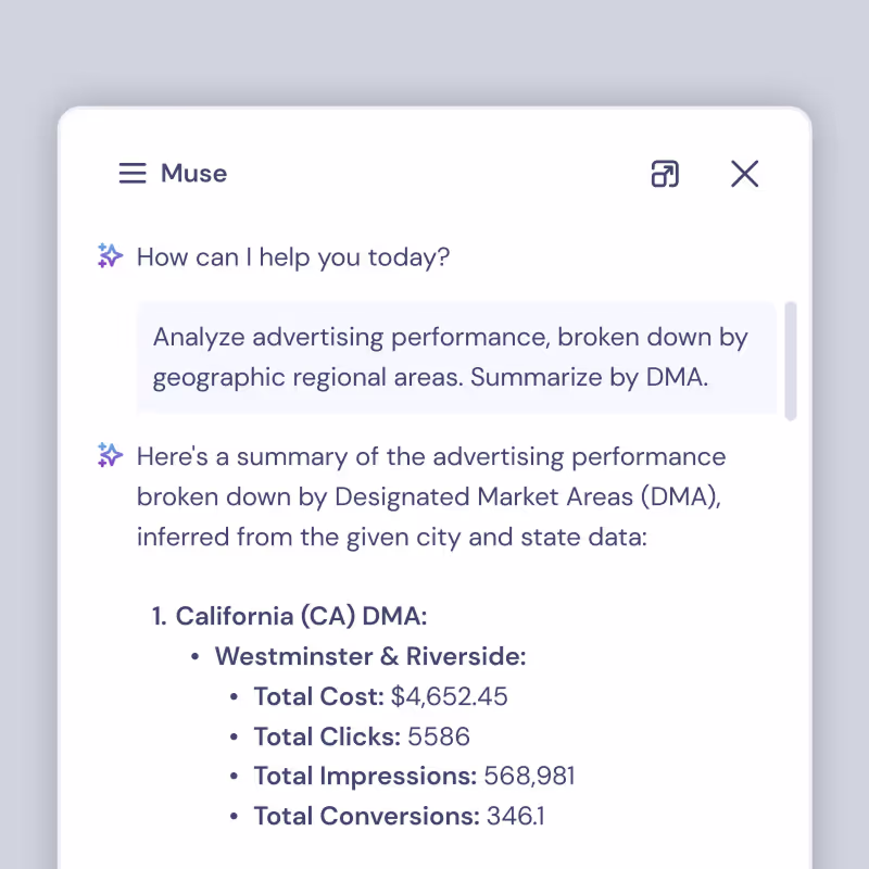 Chat interface showing an assistant named Muse summarizing advertising performance for California DMA, Westminster & Riverside, including cost, clicks, impressions, and conversions.