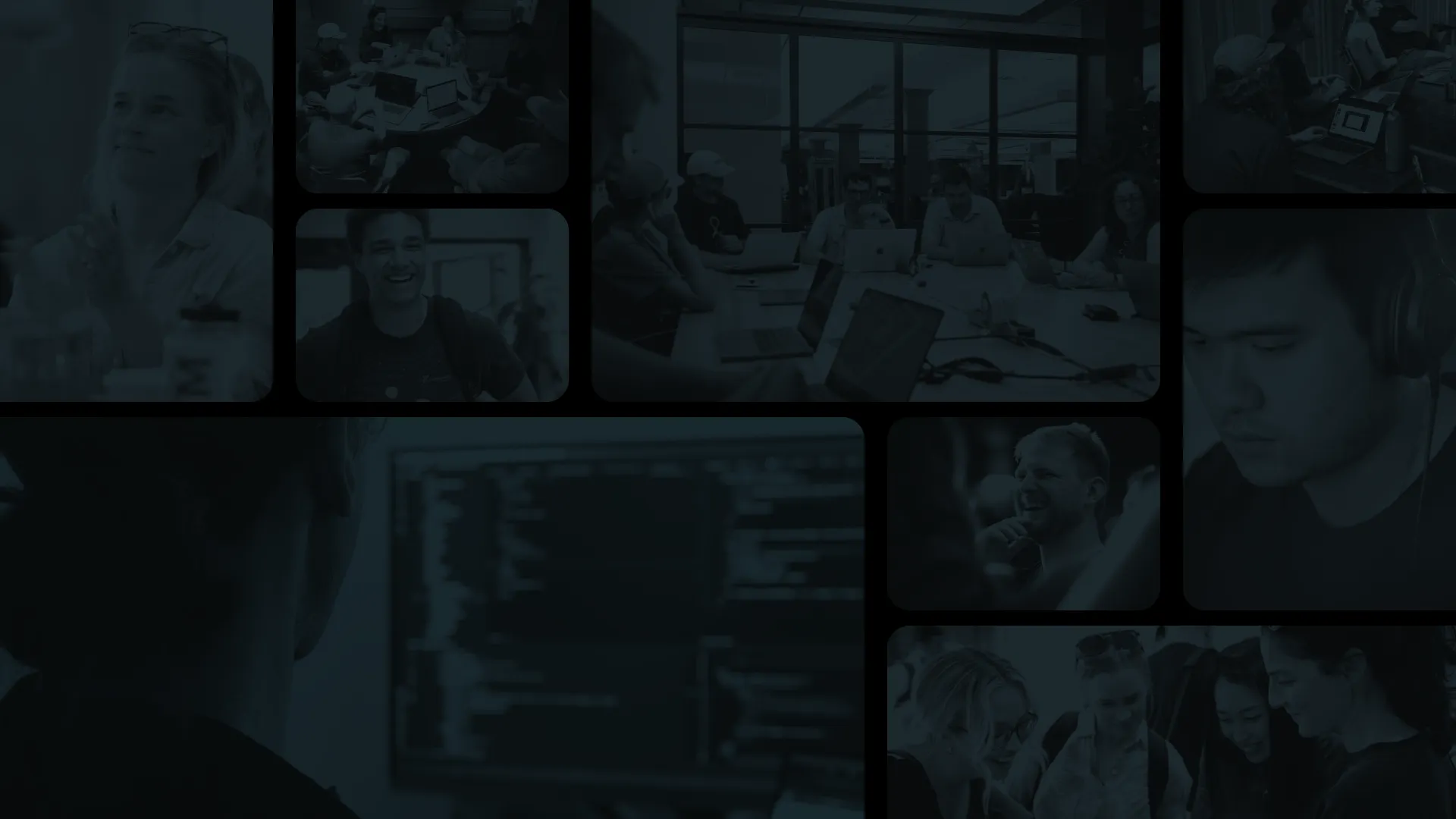 Collage of diverse people working with laptops, collaborating, and coding in a modern office environment.