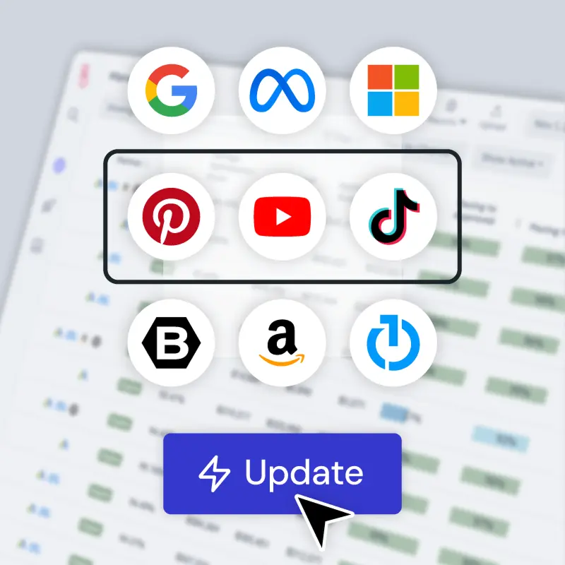 Grid of nine popular tech company logos including Google, Meta, Microsoft, Pinterest, YouTube, TikTok, Bing, Amazon, and a data-related icon above a blue Update button with a cursor pointer.