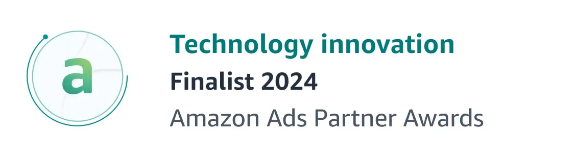 Amazon Ads Partner Awards 2024 Technology Innovation Finalist logo with a green letter 'a' inside a circular design.