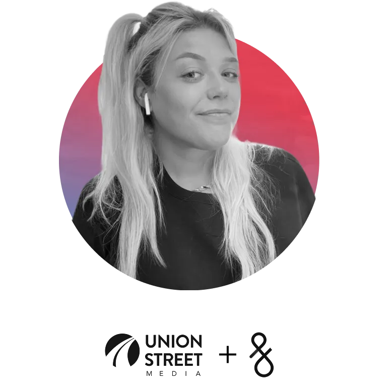 Portrait of a smiling blonde woman with long hair in a ponytail wearing a black top and white earbuds, against a circular red and purple gradient background.