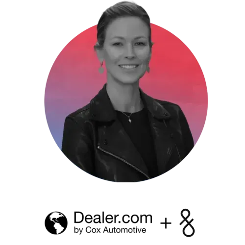 Smiling woman with light hair wearing a black leather jacket and earrings, against a circular red and purple gradient background.