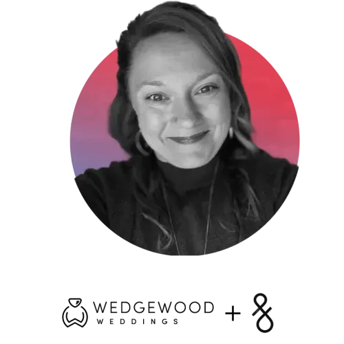 Smiling woman with wavy hair and earrings, black and white portrait with pink and purple circular background.