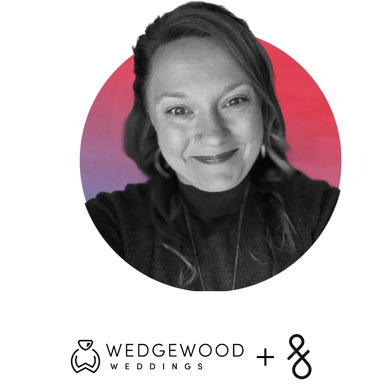 Smiling woman with wavy hair and earrings, black and white portrait with pink and purple circular background.