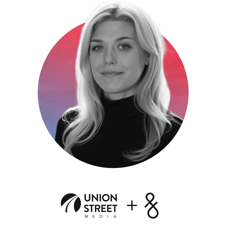 Portrait of a smiling woman with long blonde hair wearing a black turtleneck against a red and purple gradient circular background.