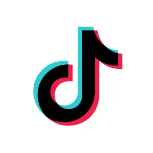 TikTok logo with black musical note and cyan and red shadows on a white circular background.