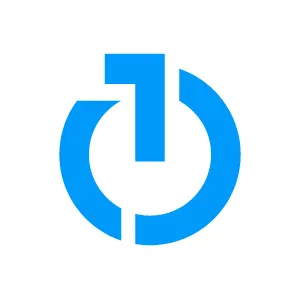 Blue stylized number one inside a blue circular shape on a white background.