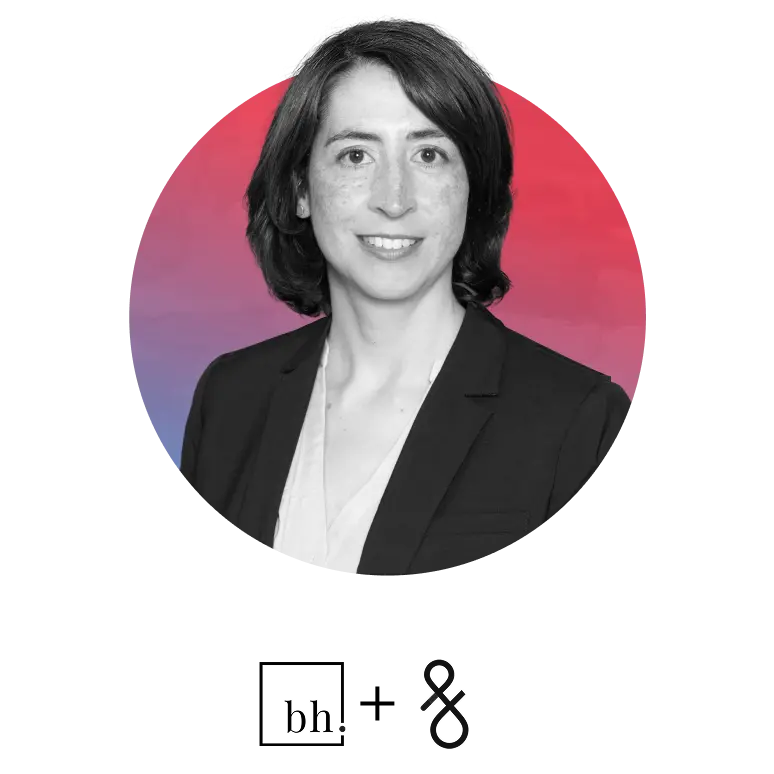 Professional headshot of a woman with short dark hair, wearing a dark blazer and light blouse, smiling against a red and purple circular background.