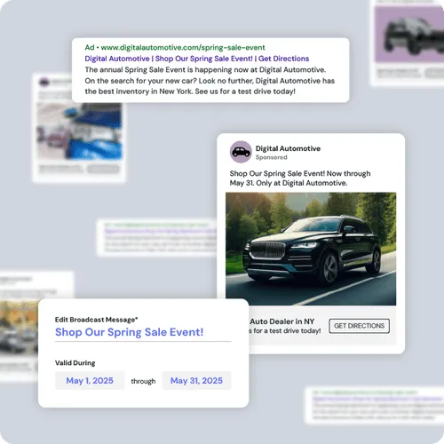Digital Automotive online ads featuring a spring sale event with a black luxury SUV and sale dates from May 1 to May 31, 2025.