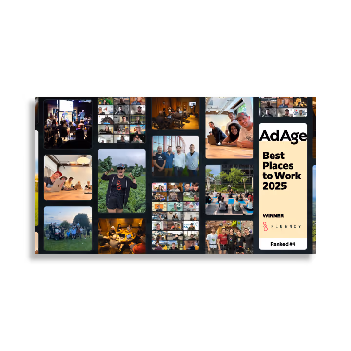 Collage of diverse workplace photos with AdAge award for Fluentcy as one of Best Places to Work 2025, ranked #4.