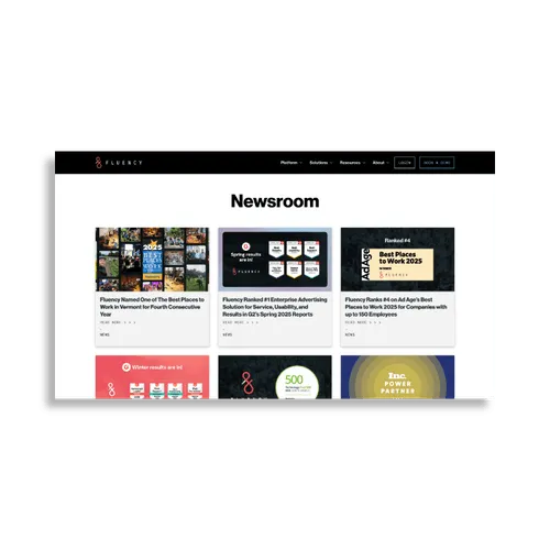 Fluency Newsroom webpage showcasing articles on awards and rankings for best places to work in 2025.