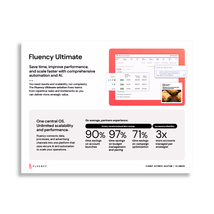 Fluency Ultimate promotional image featuring a dashboard interface and key benefits including time savings on account launches, budget management, campaign optimization, and increased accounts managed per strategist.