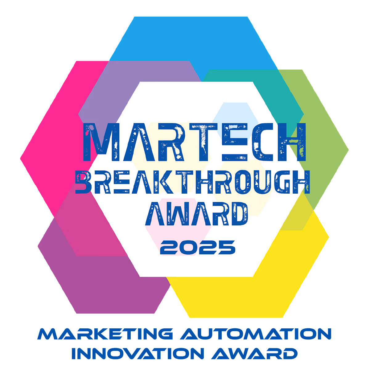 MarTech Breakthrough Award 2025 logo with overlapping colorful hexagons and text Marketing Automation Innovation Award below.