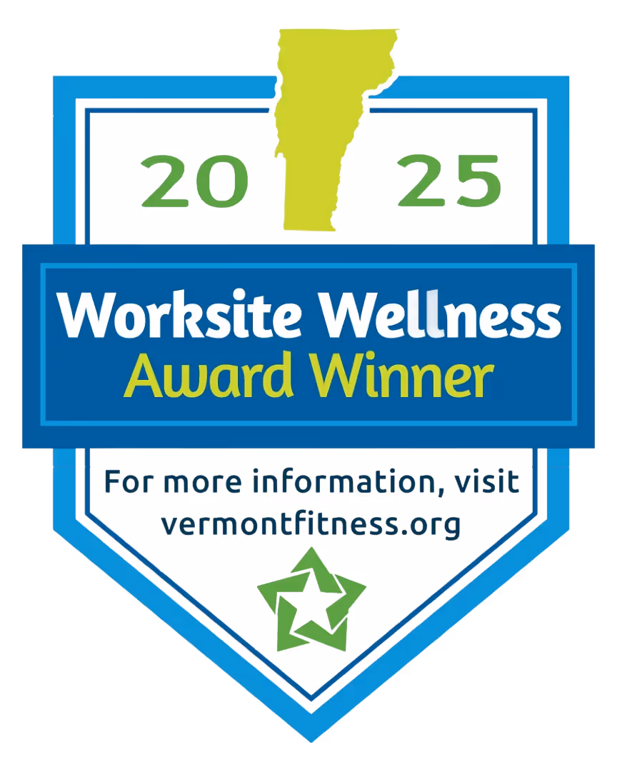 2025 Worksite Wellness Award Winner badge with Vermont state icon and vermontfitness.org website information.