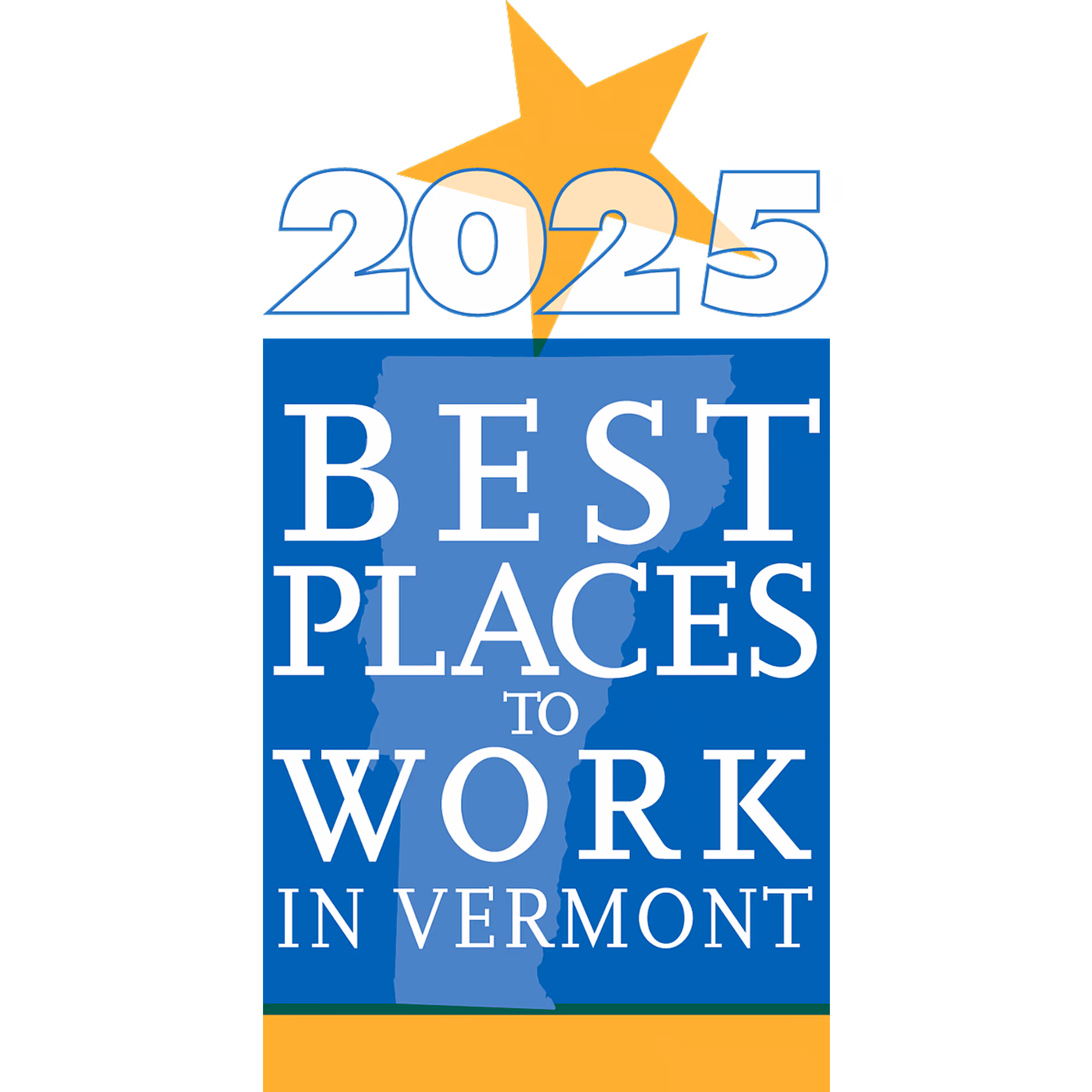 2025 Best Places to Work in Vermont award badge with a gold star above a blue silhouette of Vermont.
