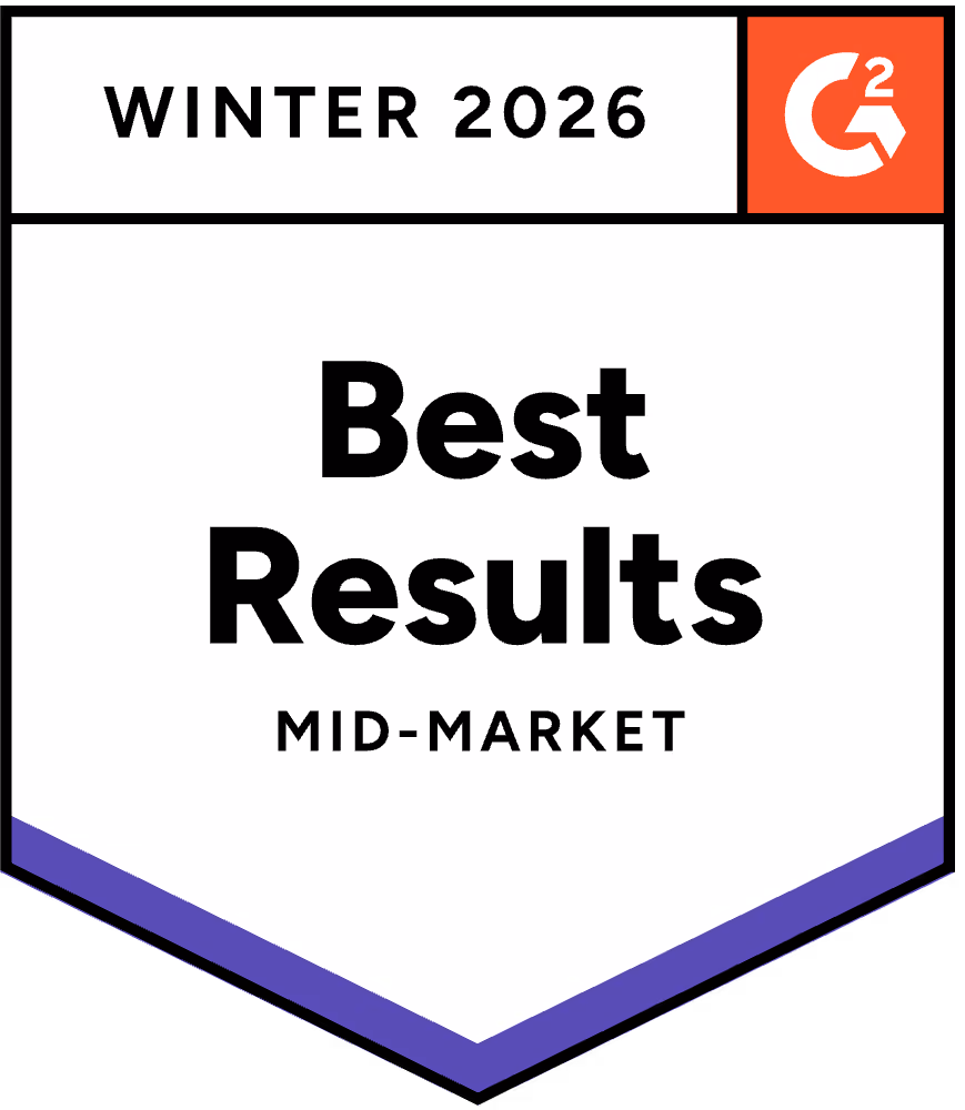 G2 badge for Winter 2026 Best Results in Mid-Market category with purple border.