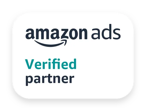 Amazon Ads Verified Partner badge with Amazon logo and text on white rounded rectangle background.