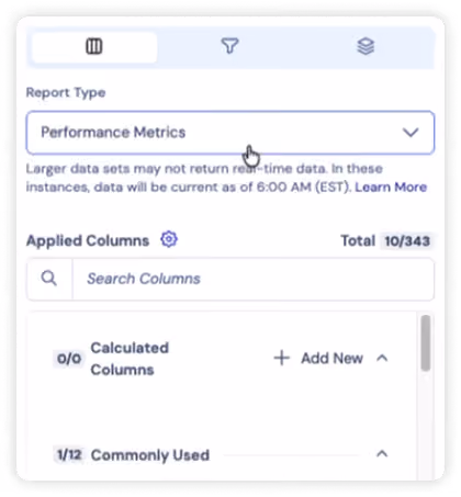 Data Explorer download panel for choosing report type and columns