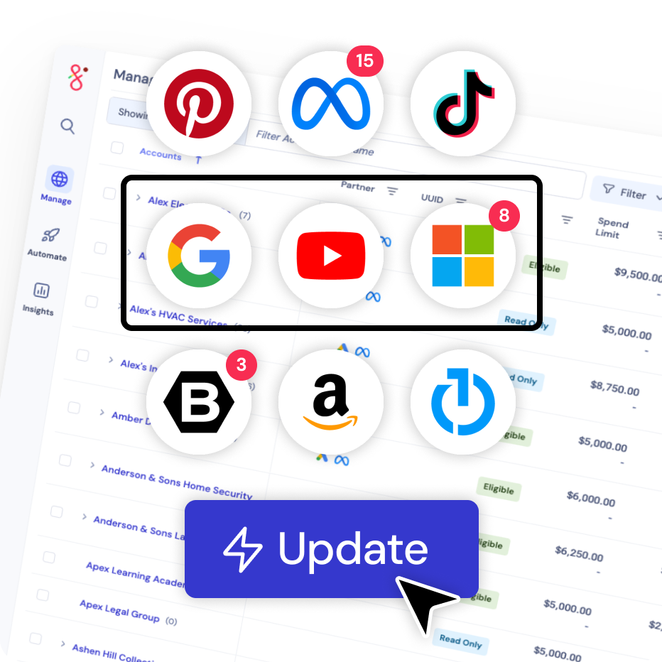 Bulk update across ad channels like Google, Meta, TikTok and Amazon