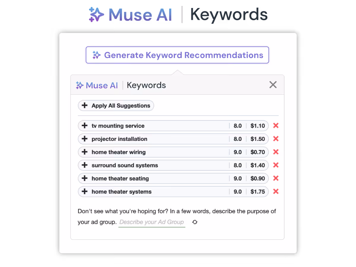 Muse AI product screenshot showing how it generates recommended keywords based on ad group data