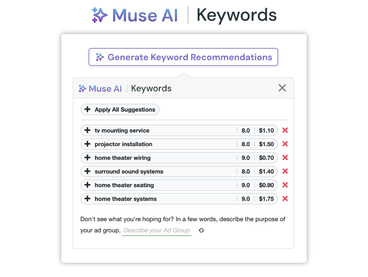 Muse AI product screenshot showing how it generates recommended keywords based on ad group data