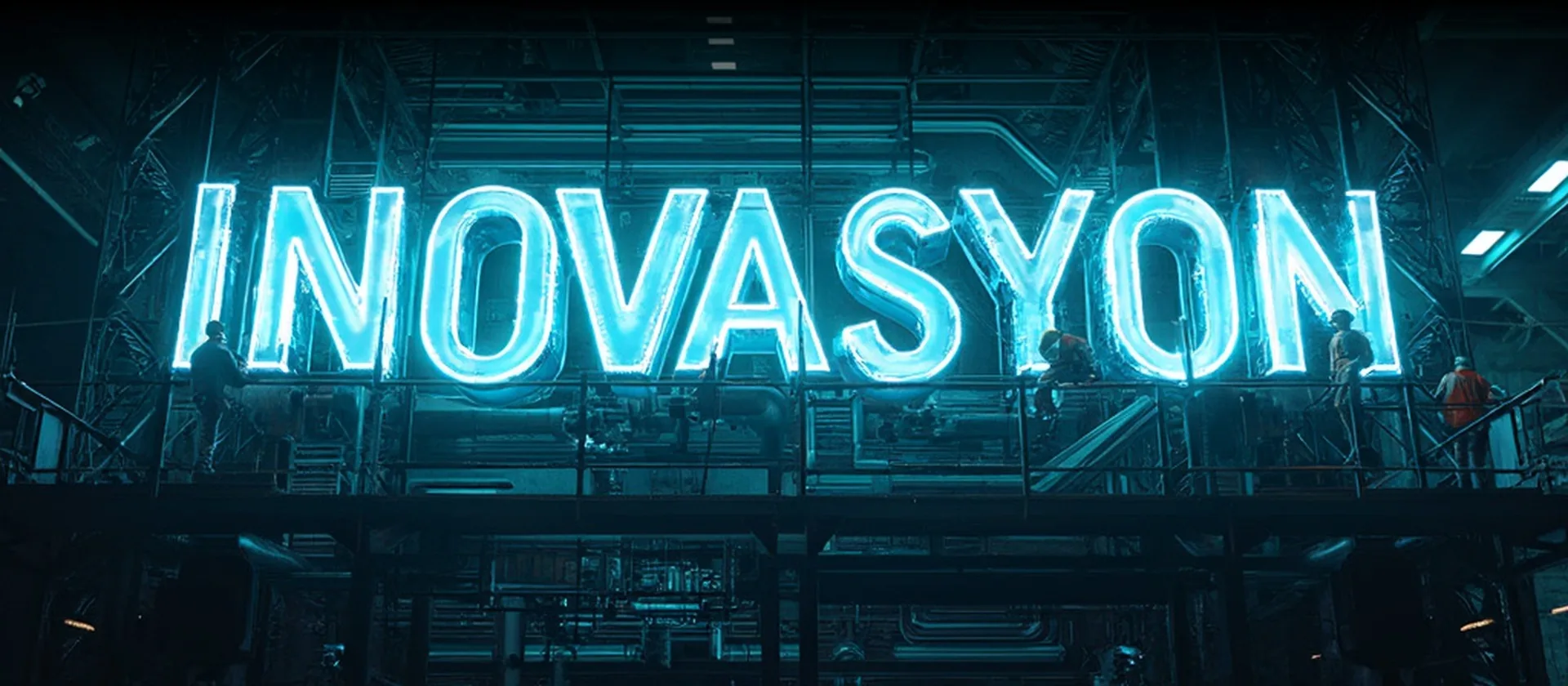 Mavi neon ışıklı büyük 'İNOVAŞYON' yazısı önünde tesisat boruları ve işçilerin bulunduğu endüstriyel ortam.