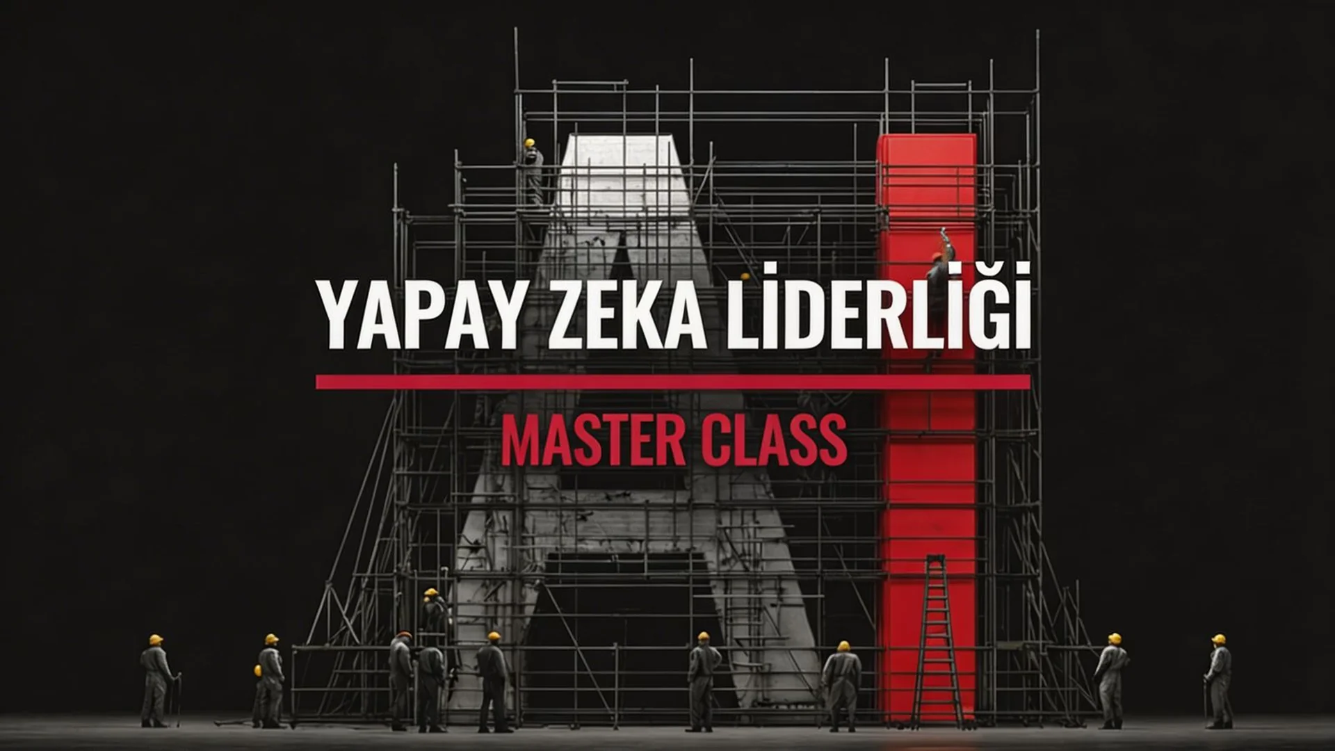 Mavi neon ışıklarla yazılmış büyük 'YAPAY ZEKA' yazısının önünde duran iş insanları ve şehir ışıkları gece manzarası.