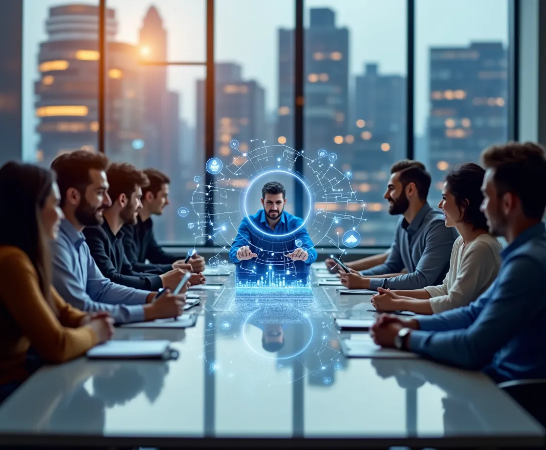 Bir toplantı odasında, şehir manzaralı cam önünde, teknoloji ve veri grafiklerinin ortasında duran bir adam ve etrafında oturan yedi kişi.
